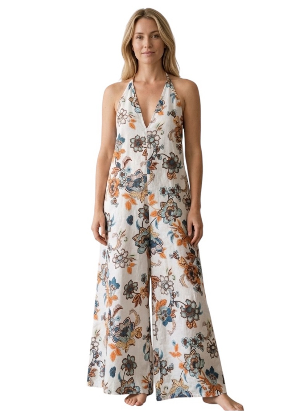 JOIE New Linen Blend Floral Jumpsuit Romper Halter Wide Leg Oversized Medium